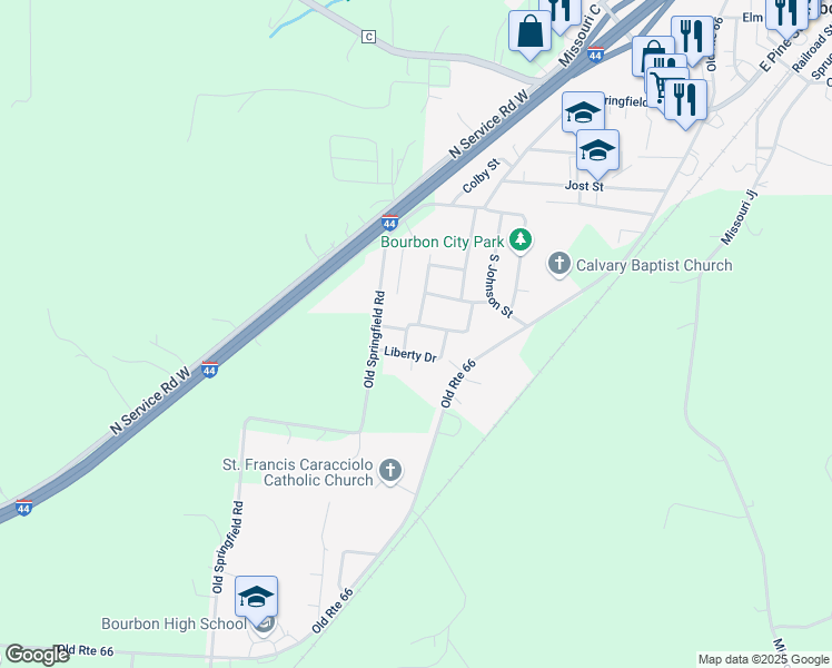 map of restaurants, bars, coffee shops, grocery stores, and more near 1030 Eden Street in Bourbon
