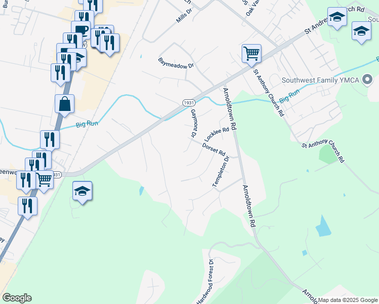 map of restaurants, bars, coffee shops, grocery stores, and more near 7407 Gaymont Drive in Louisville
