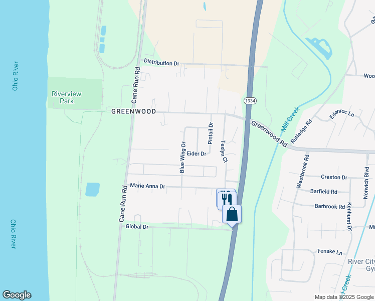 map of restaurants, bars, coffee shops, grocery stores, and more near 7517 Eider Drive in Louisville