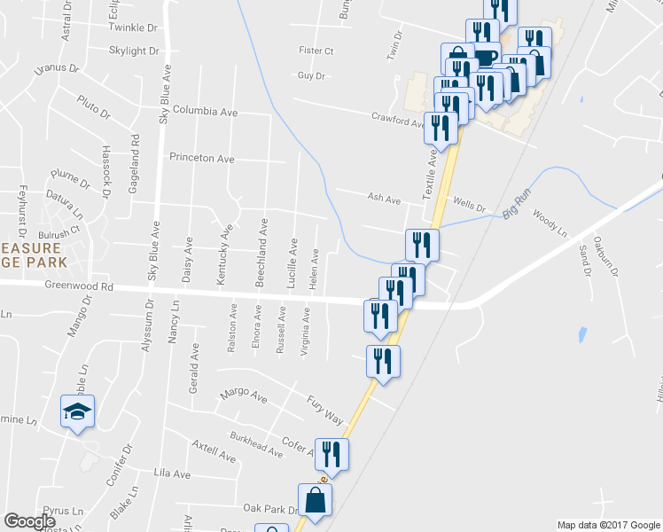 map of restaurants, bars, coffee shops, grocery stores, and more near 7319 Browns Lane in Louisville