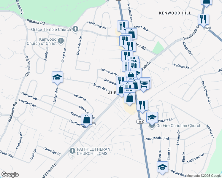 map of restaurants, bars, coffee shops, grocery stores, and more near 5575 Bruce Avenue in Louisville