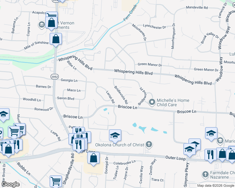 map of restaurants, bars, coffee shops, grocery stores, and more near 7902 Bridlevista Road in Louisville