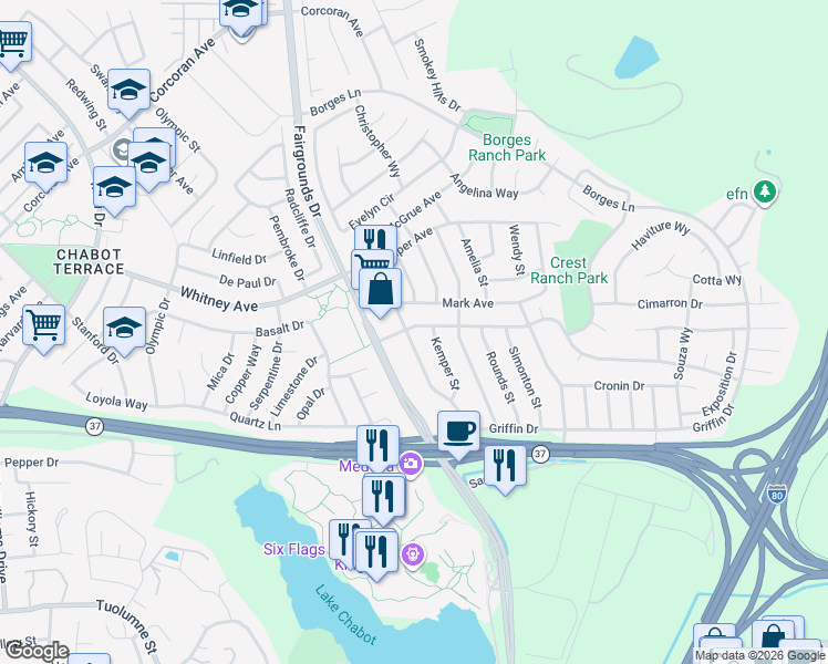 map of restaurants, bars, coffee shops, grocery stores, and more near 1990 Griffin Drive in Vallejo