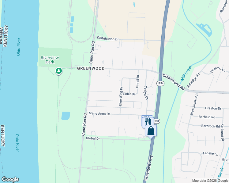 map of restaurants, bars, coffee shops, grocery stores, and more near 7700 Edna M Road in Louisville