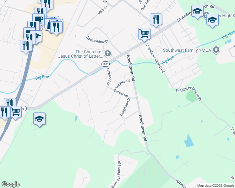 map of restaurants, bars, coffee shops, grocery stores, and more near 3602 Dorset Road in Louisville
