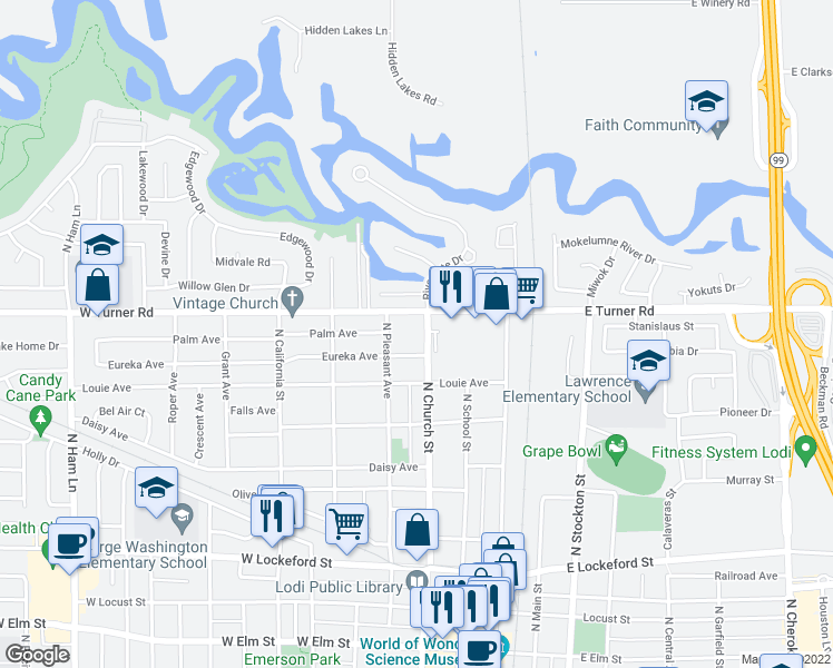map of restaurants, bars, coffee shops, grocery stores, and more near 925 North Church Street in Lodi