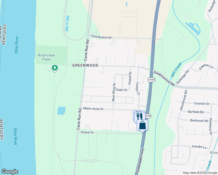 map of restaurants, bars, coffee shops, grocery stores, and more near 7700 Edna M Road in Louisville