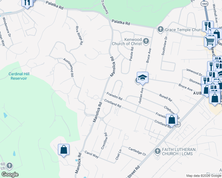 map of restaurants, bars, coffee shops, grocery stores, and more near 7544 Merlyn Circle in Louisville