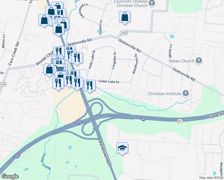 map of restaurants, bars, coffee shops, grocery stores, and more near 9510 Ridgeside Drive in Louisville