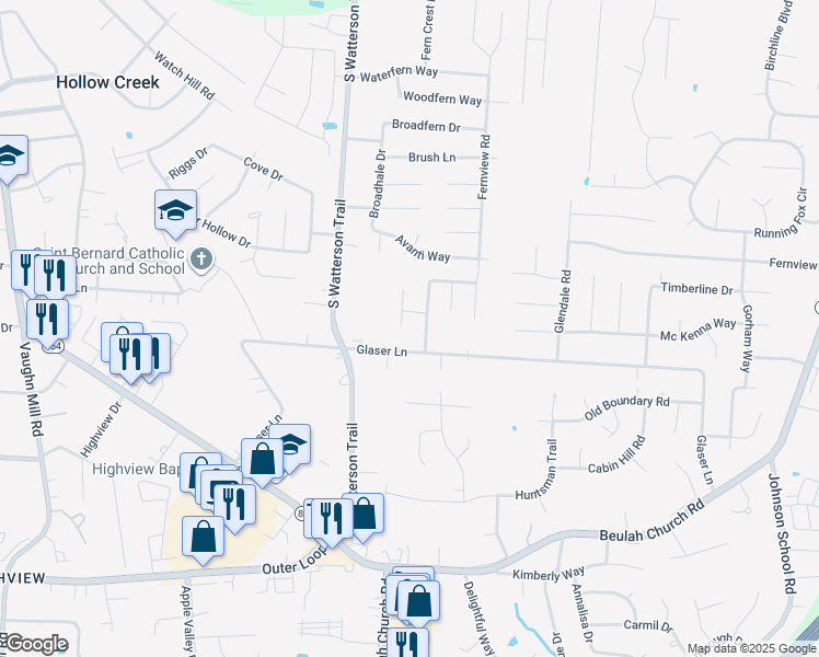 map of restaurants, bars, coffee shops, grocery stores, and more near 7105 Ridge Farm Court in Louisville