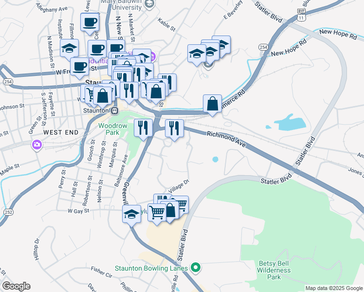map of restaurants, bars, coffee shops, grocery stores, and more near 104 Village Drive in Staunton