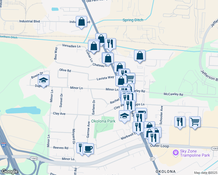 map of restaurants, bars, coffee shops, grocery stores, and more near 1127 Minor Lane in Louisville