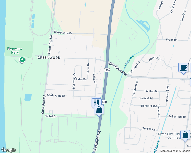 map of restaurants, bars, coffee shops, grocery stores, and more near 7703 Texlyn Court in Louisville