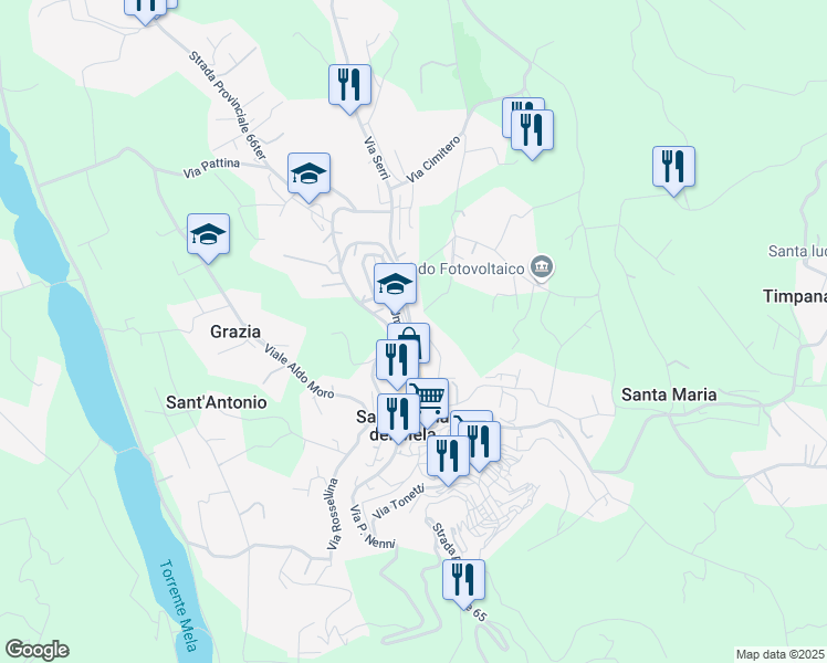 map of restaurants, bars, coffee shops, grocery stores, and more near 62 Via C. Battisti in Santa Lucia del Mela