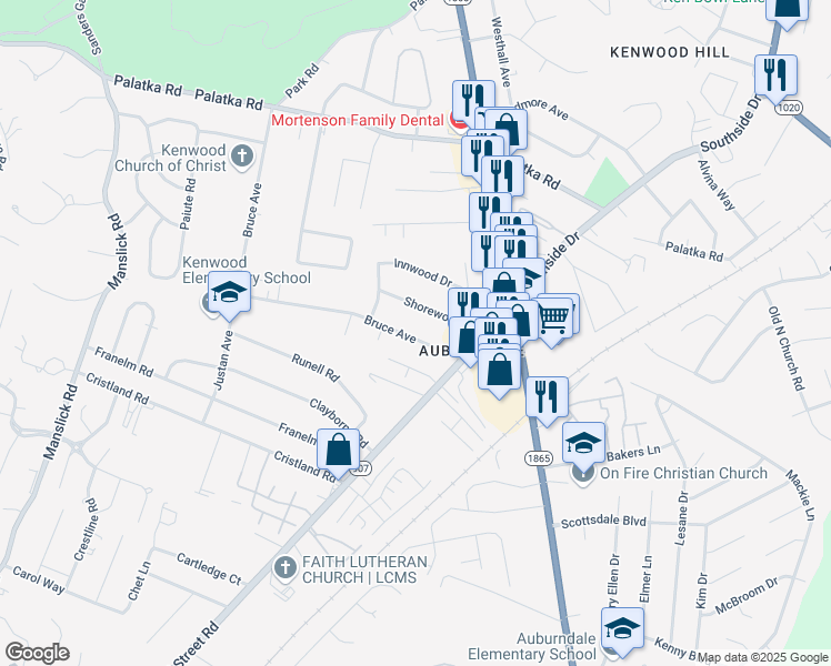 map of restaurants, bars, coffee shops, grocery stores, and more near 5575 Bruce Avenue in Louisville
