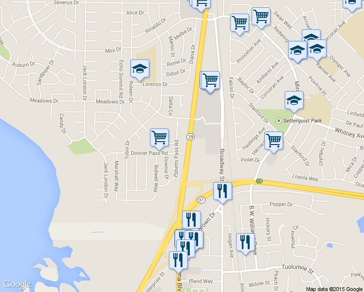 map of restaurants, bars, coffee shops, grocery stores, and more near 312 Ebbetts Pass Road in Vallejo