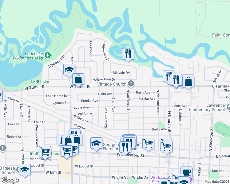map of restaurants, bars, coffee shops, grocery stores, and more near 900 Grant Avenue in Lodi