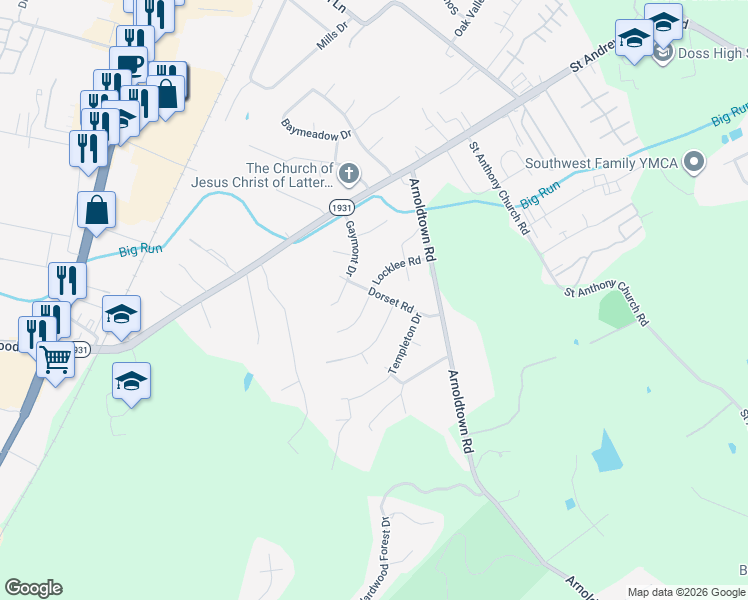 map of restaurants, bars, coffee shops, grocery stores, and more near 3602 Dorset Road in Louisville