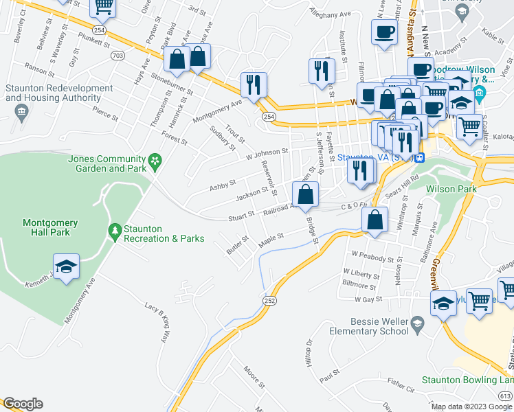 map of restaurants, bars, coffee shops, grocery stores, and more near 931 Stuart Street in Staunton
