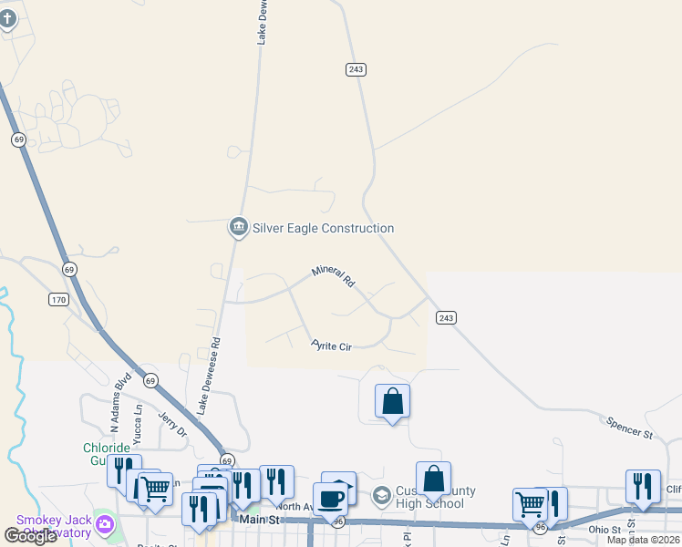 map of restaurants, bars, coffee shops, grocery stores, and more near Mineral Road in Westcliffe