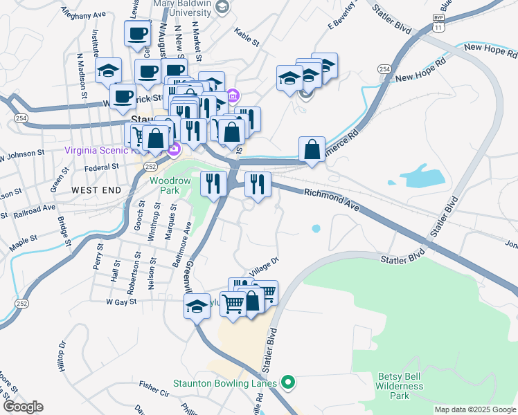 map of restaurants, bars, coffee shops, grocery stores, and more near 301 Greenville Avenue in Staunton