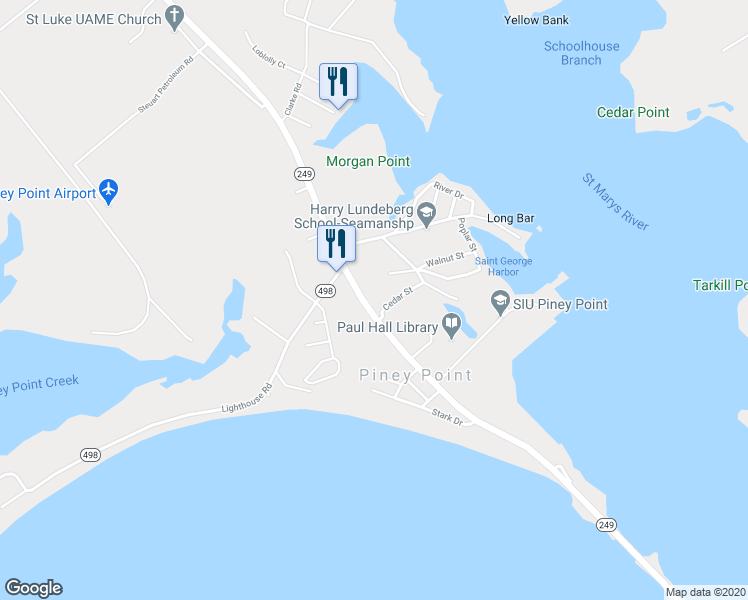 map of restaurants, bars, coffee shops, grocery stores, and more near 17368 Piney Point Road in Piney Point