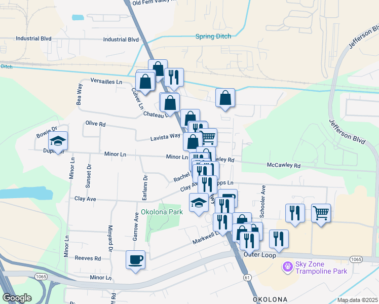 map of restaurants, bars, coffee shops, grocery stores, and more near 7312 Preston Highway in Louisville
