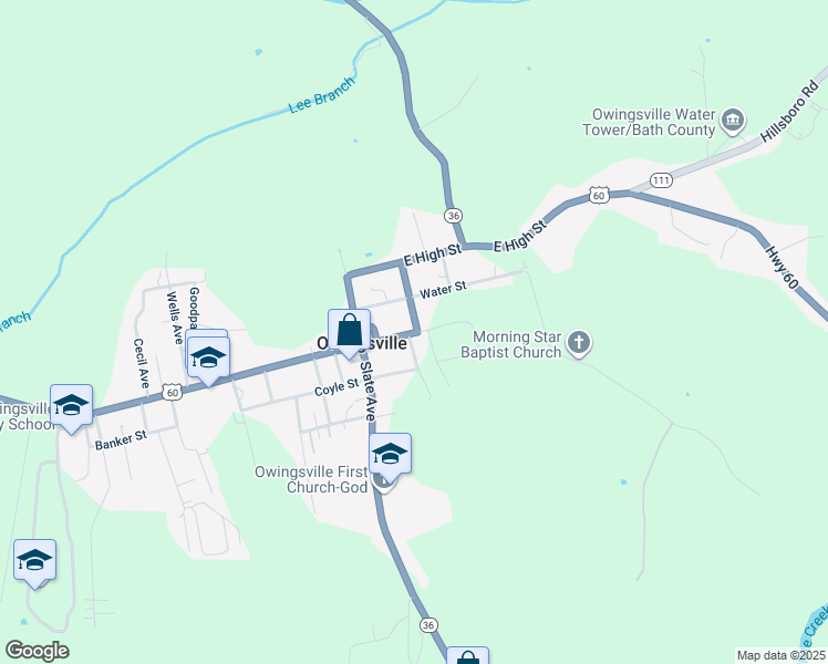 map of restaurants, bars, coffee shops, grocery stores, and more near 122 East Main Street in Owingsville