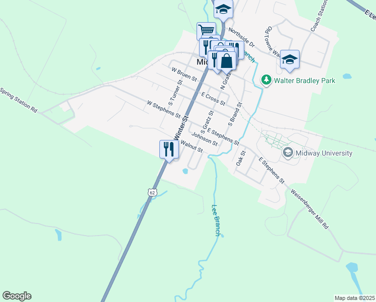 map of restaurants, bars, coffee shops, grocery stores, and more near 405 South Gratz Street in Midway
