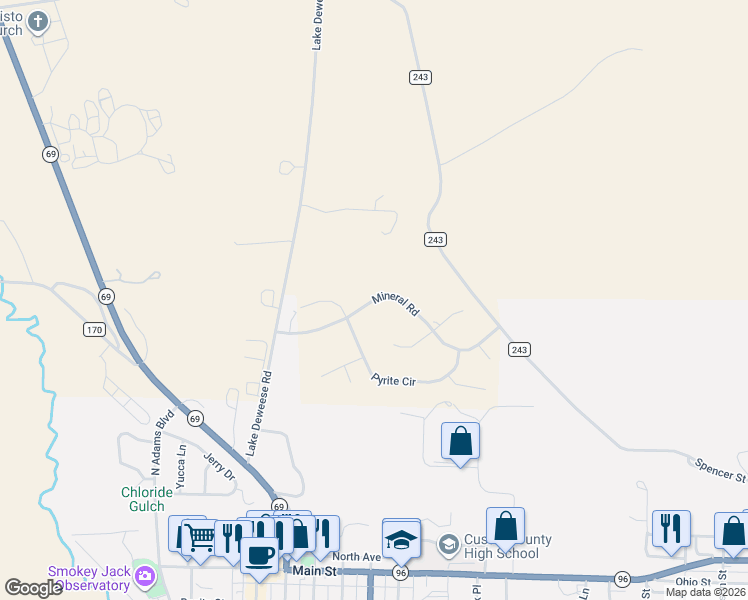 map of restaurants, bars, coffee shops, grocery stores, and more near Mineral Road in Westcliffe