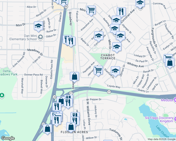map of restaurants, bars, coffee shops, grocery stores, and more near 125 Hastings Avenue in Vallejo