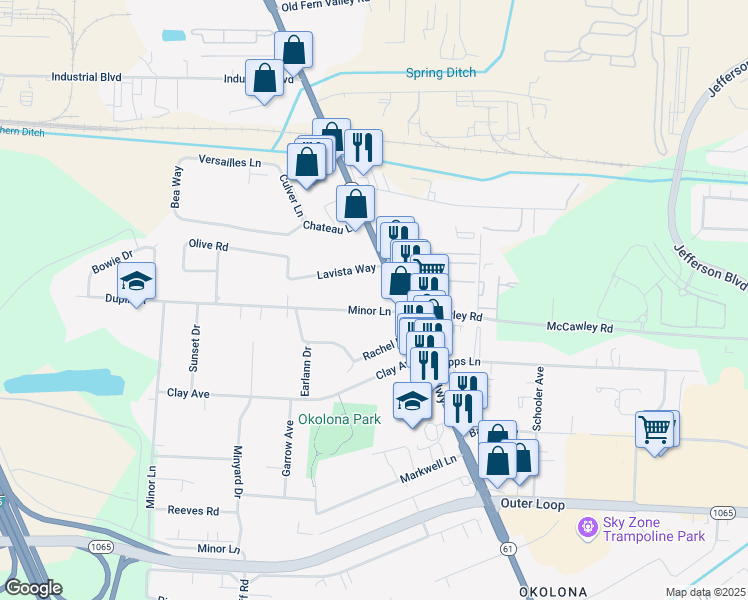 map of restaurants, bars, coffee shops, grocery stores, and more near 1127 Minor Lane in Louisville