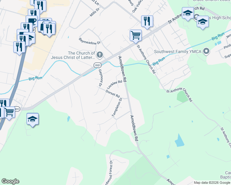 map of restaurants, bars, coffee shops, grocery stores, and more near 3507 Dorset Road in Louisville