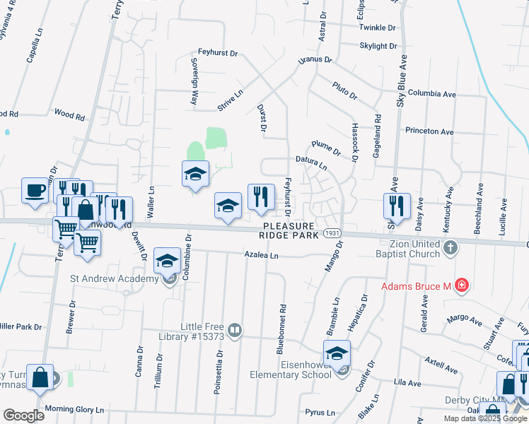 map of restaurants, bars, coffee shops, grocery stores, and more near 5534 Bayshore Court in Louisville