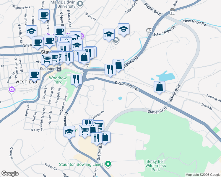 map of restaurants, bars, coffee shops, grocery stores, and more near 101 Village Drive in Staunton