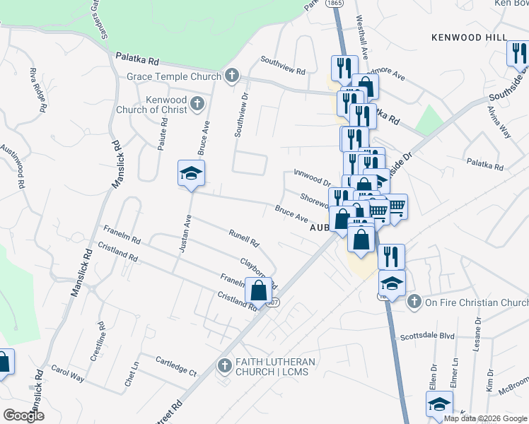 map of restaurants, bars, coffee shops, grocery stores, and more near 5550 Bruce Avenue in Louisville