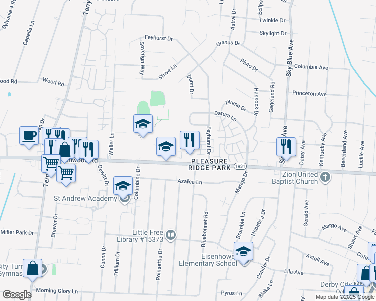 map of restaurants, bars, coffee shops, grocery stores, and more near 5544 Bayshore Court in Louisville