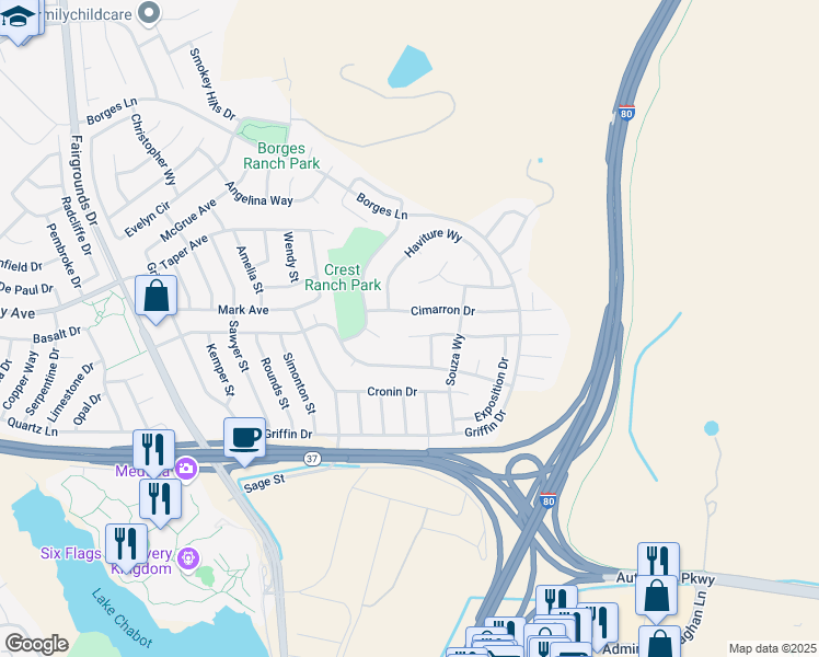 map of restaurants, bars, coffee shops, grocery stores, and more near 119 Carousel Drive in Vallejo