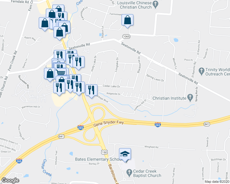 map of restaurants, bars, coffee shops, grocery stores, and more near 9511 Ridgeside Drive in Louisville