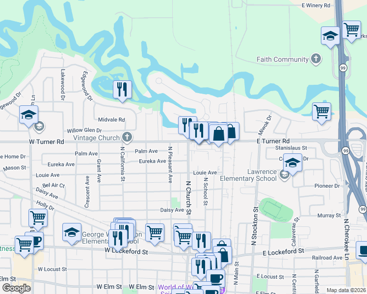 map of restaurants, bars, coffee shops, grocery stores, and more near 925 North Church Street in Lodi