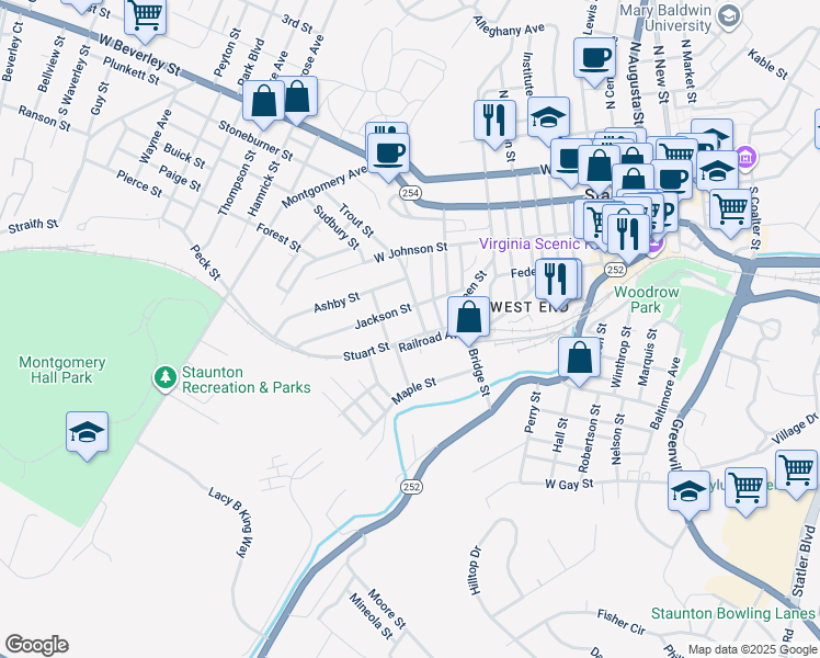 map of restaurants, bars, coffee shops, grocery stores, and more near 905 Stuart Street in Staunton