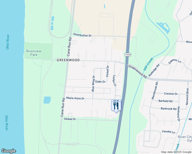 map of restaurants, bars, coffee shops, grocery stores, and more near 7517 Eider Drive in Louisville