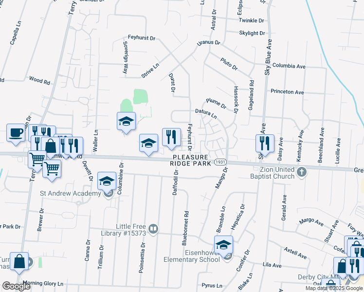 map of restaurants, bars, coffee shops, grocery stores, and more near Bayshore Court in Louisville