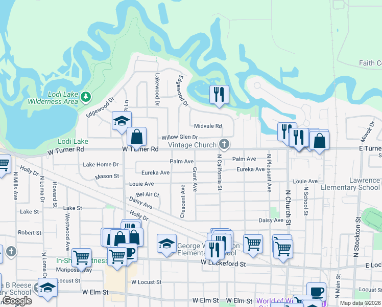 map of restaurants, bars, coffee shops, grocery stores, and more near 900 Grant Avenue in Lodi