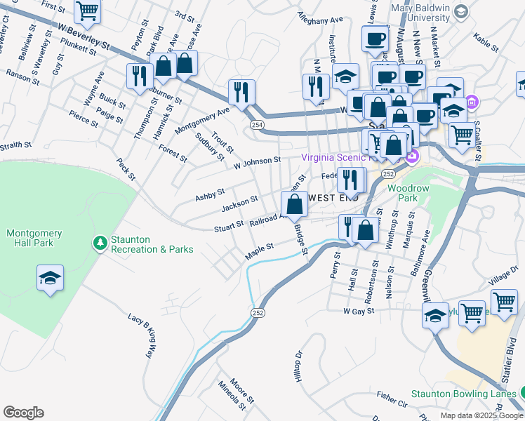 map of restaurants, bars, coffee shops, grocery stores, and more near 905 Stuart Street in Staunton