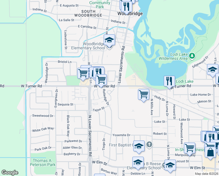 map of restaurants, bars, coffee shops, grocery stores, and more near 2338 West Turner Road in Lodi