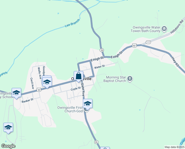 map of restaurants, bars, coffee shops, grocery stores, and more near 122 East Main Street in Owingsville