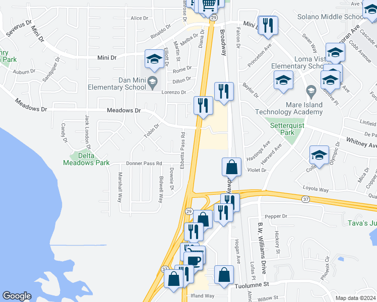 map of restaurants, bars, coffee shops, grocery stores, and more near 312 Ebbetts Pass Road in Vallejo