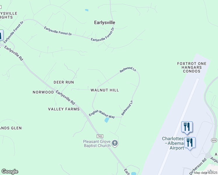 map of restaurants, bars, coffee shops, grocery stores, and more near 1460 Brentwood Way in Earlysville