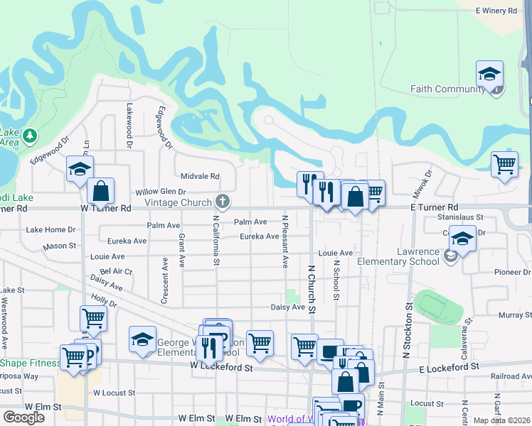 map of restaurants, bars, coffee shops, grocery stores, and more near 334 Palm Avenue in Lodi